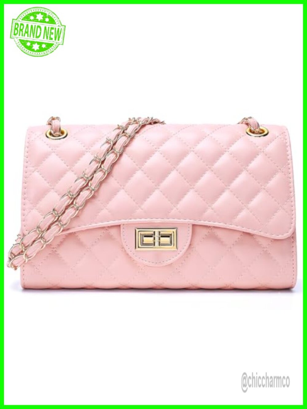 Quilted Crossbody Bag with Chain Strap, Twist Lock Flap Satchel